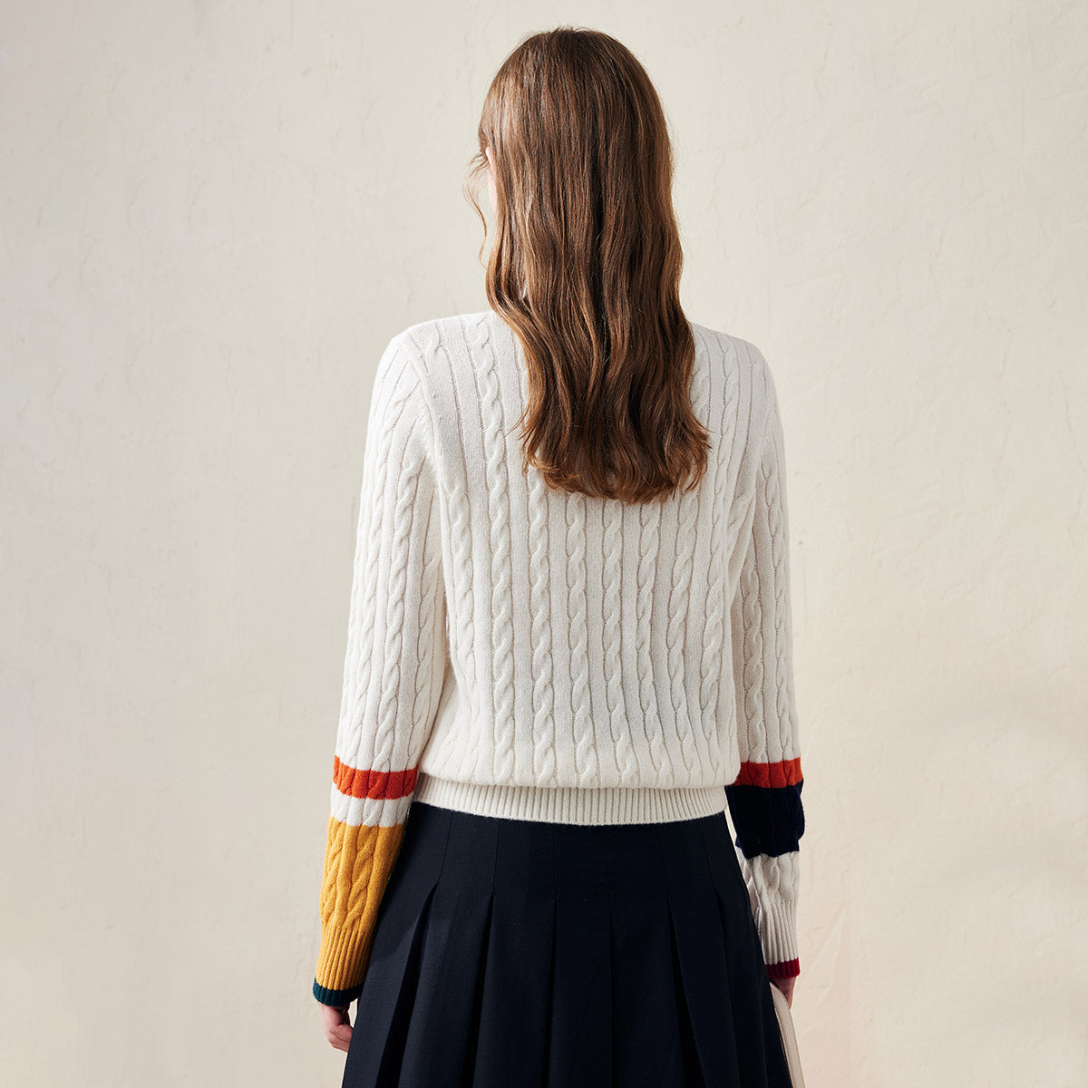 100% Wool Colorblock Cable Knit Sweater