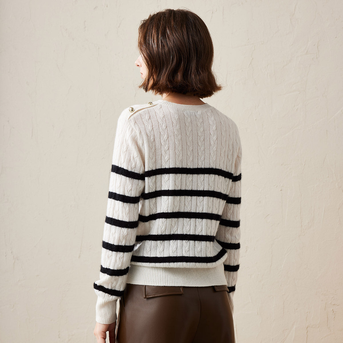 100% Cashmere Cable Knit Striped Sweater with Button Details