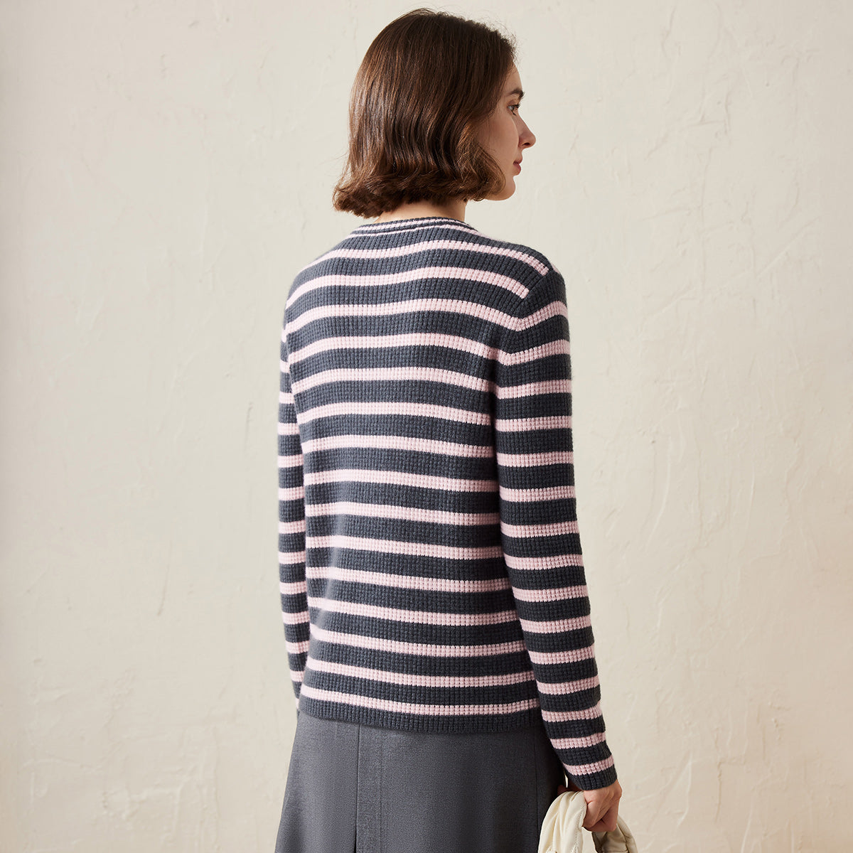 100% Cashmere Striped Knit Henley Sweater