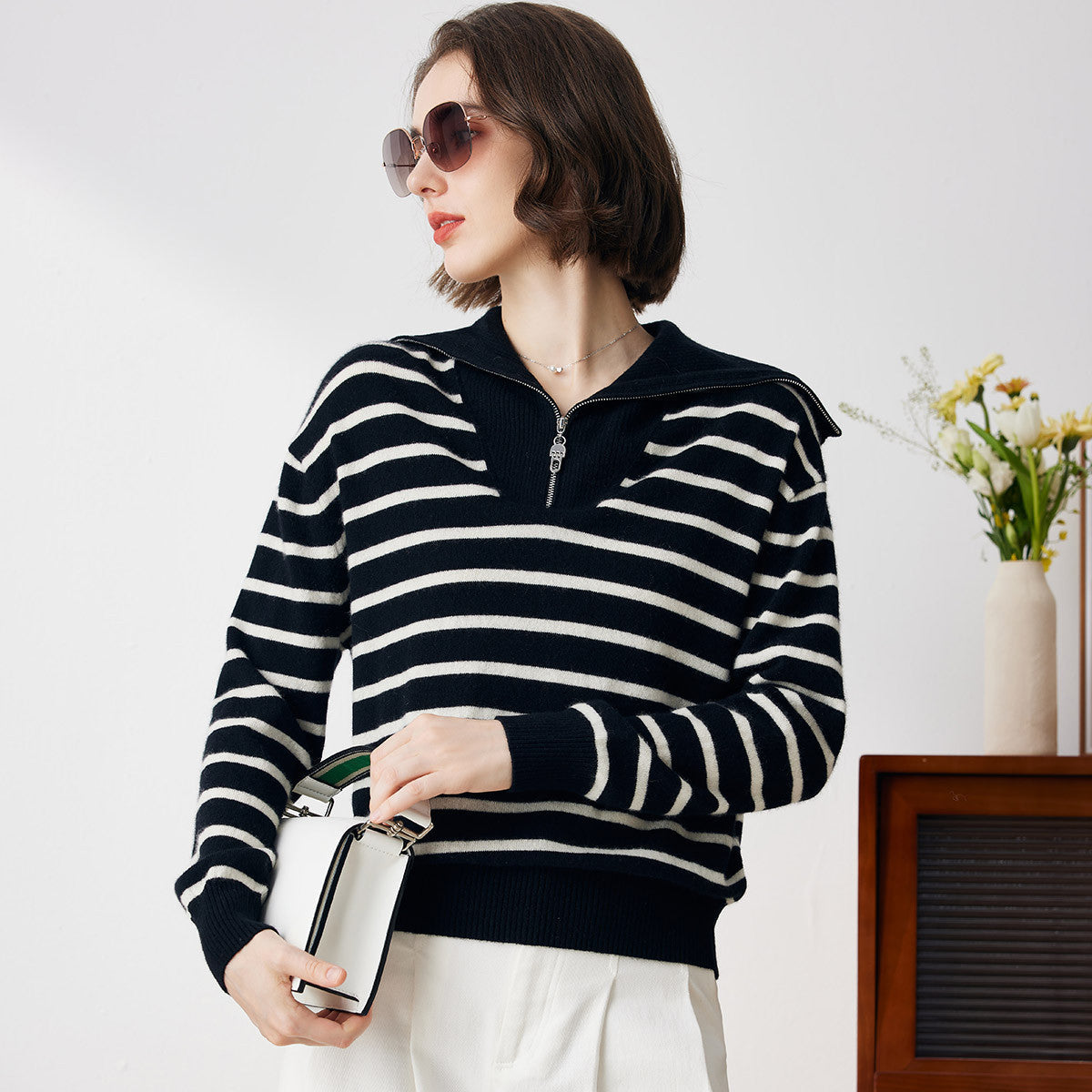 100% Cashmere Striped Zip Collar Knitted Sweater