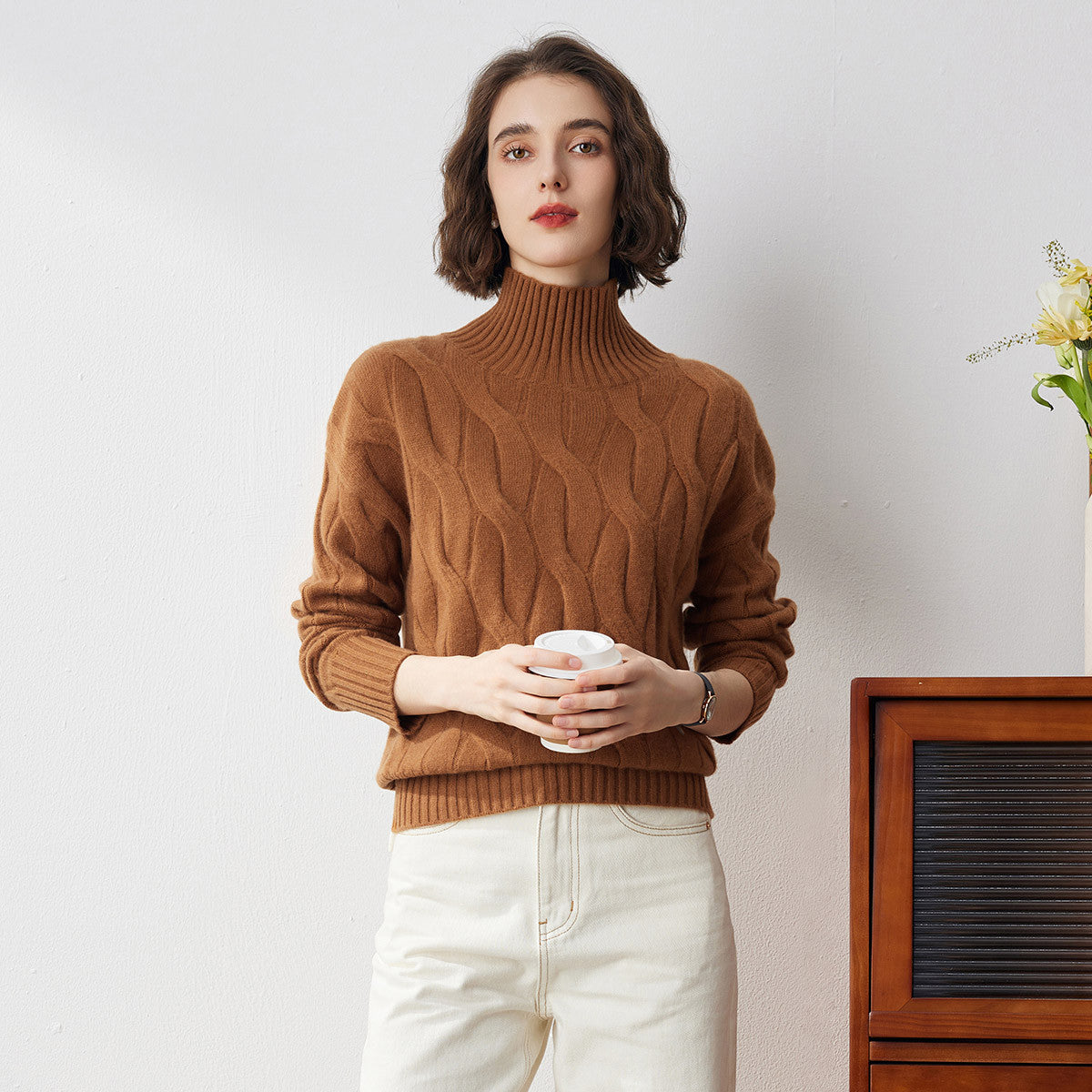 100% Cashmere  Turtleneck Cable Knit Sweater