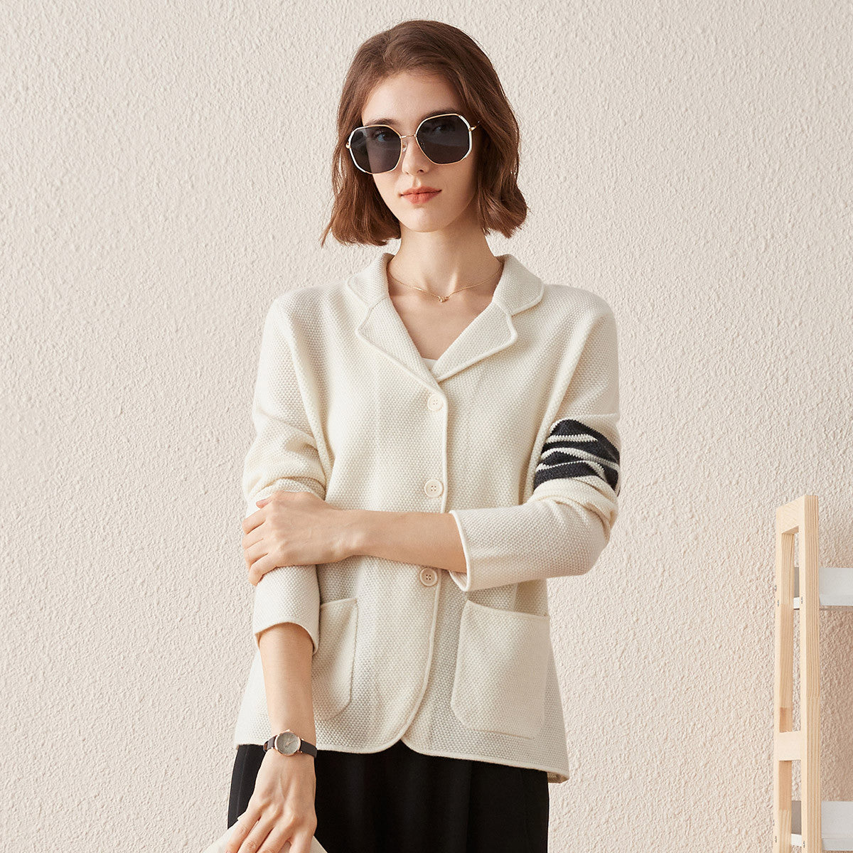 100% Cashmere Knitted Cardigan with Pockets and Striped Sleeve Detail