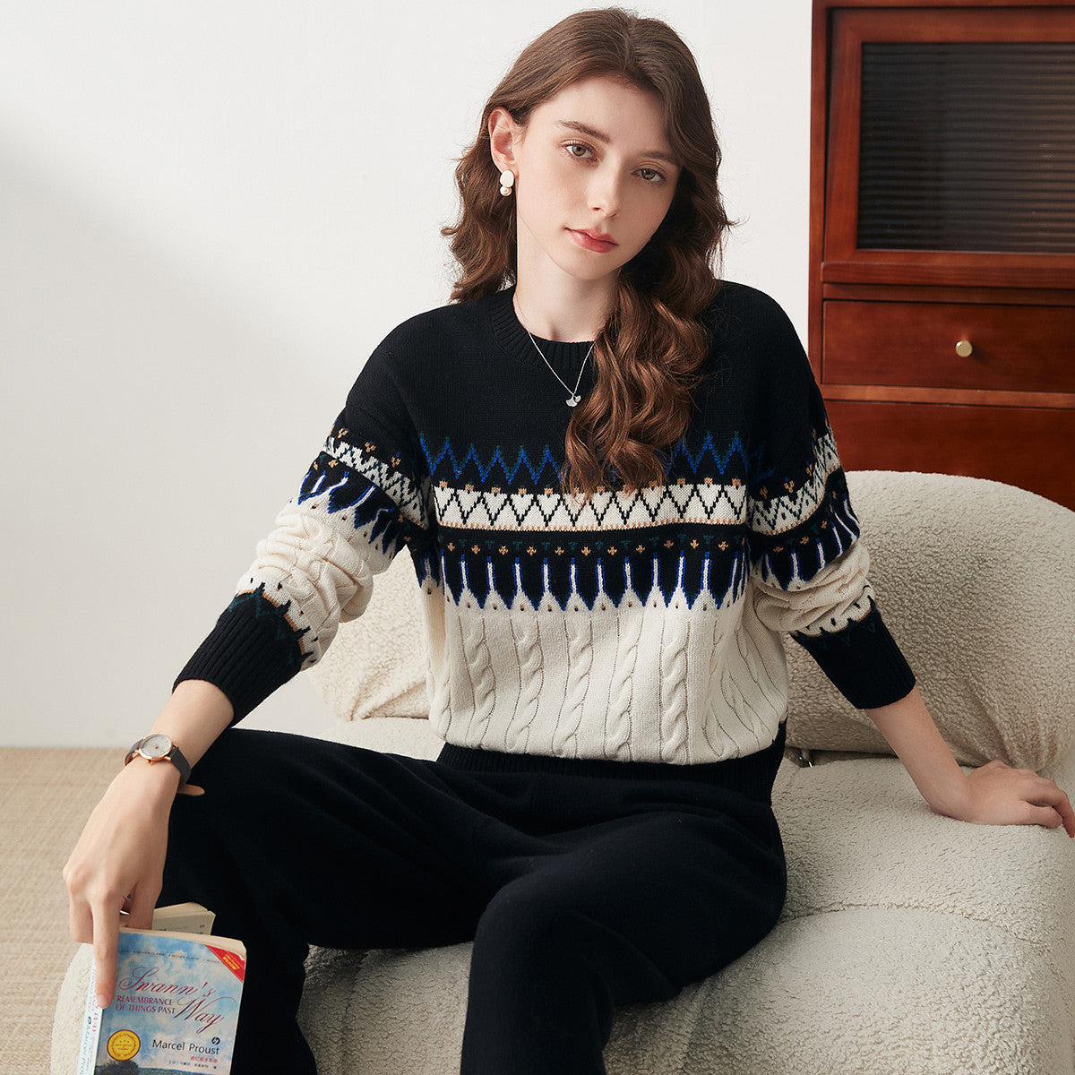 100% Wool Nordic Pattern Cable Knit Sweater