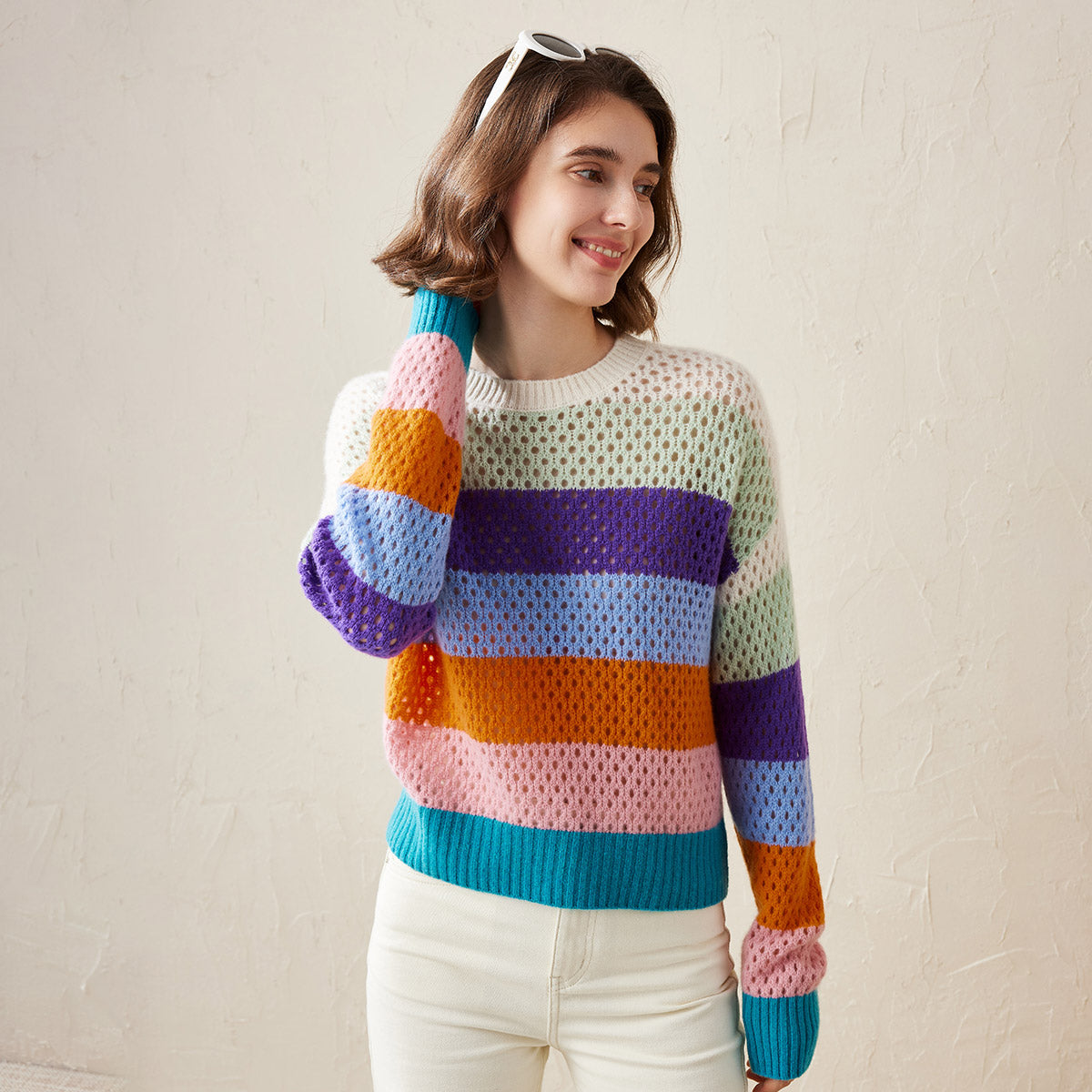 100% Cashmere Colorful Stripes Knit Sweater