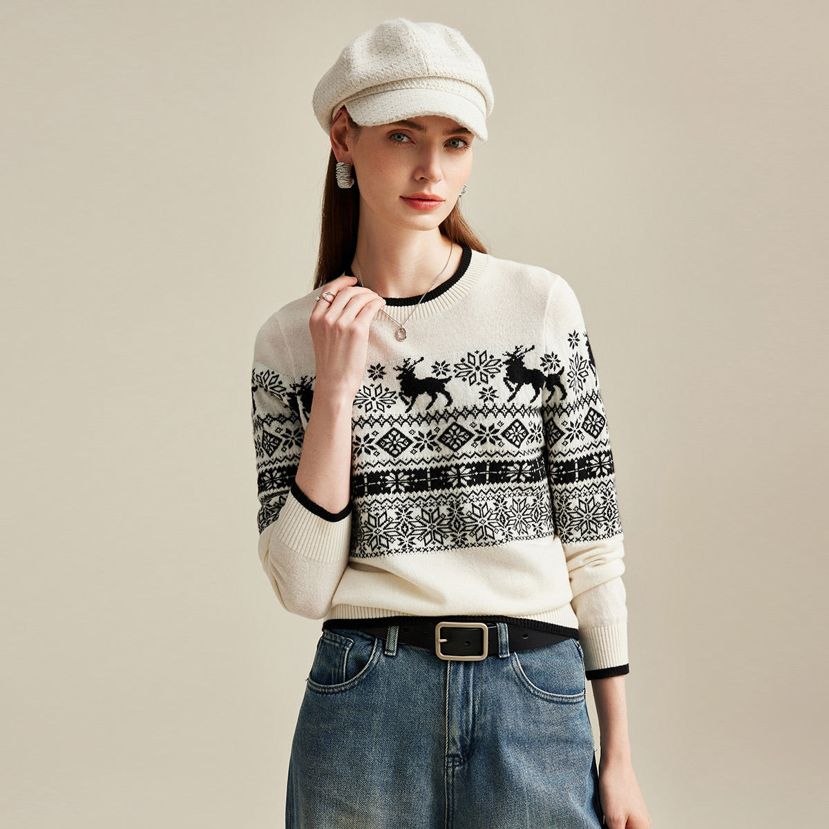 100% Cashmere Classic Nordic Reindeer Knit Sweater