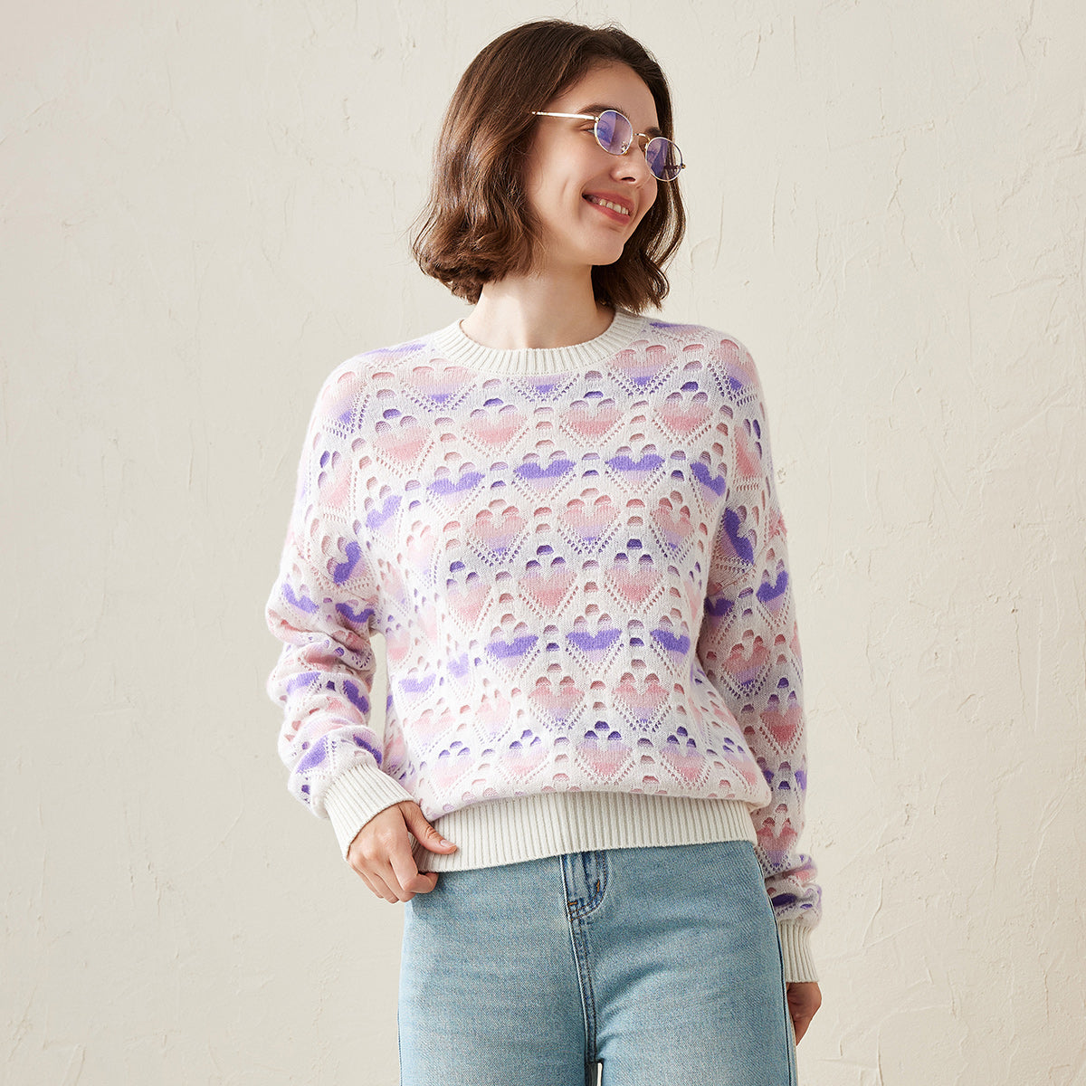 100% Cashmere Pastel Heart Knit Sweater