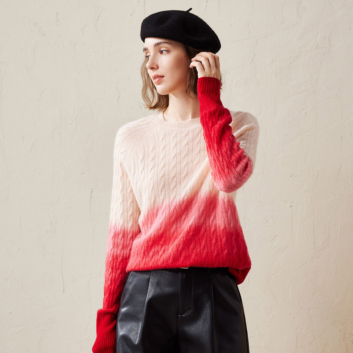 100% Cashmere Gradient Color Cable Knit Sweater