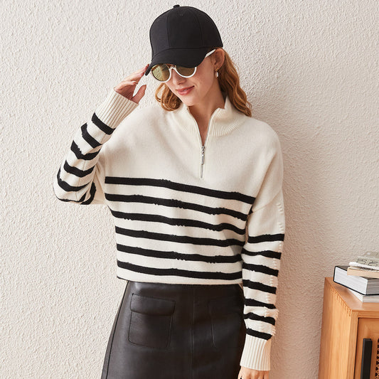 100% Cashmere Striped Half-Zip Knit Sweater