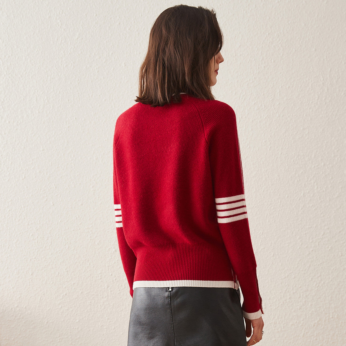 100% Cashmere Striped Sleeve Round Neck Sweater