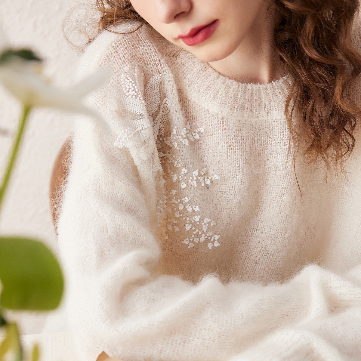 Elegant Mohair Embroidered Floral Sweater