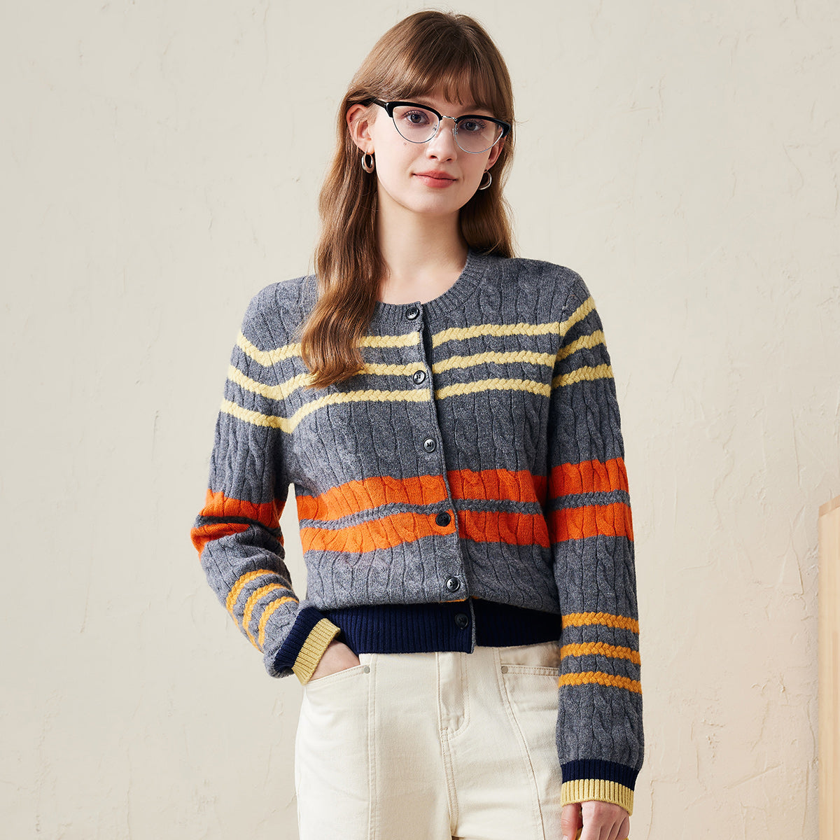 100% Wool Striped Cable Knit Button Up Cardigan