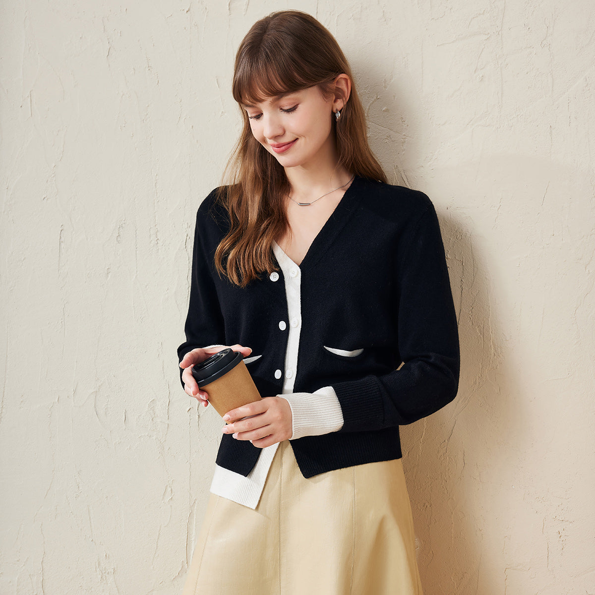 100% Wool Chic Color-Block Button-Up Cardigan