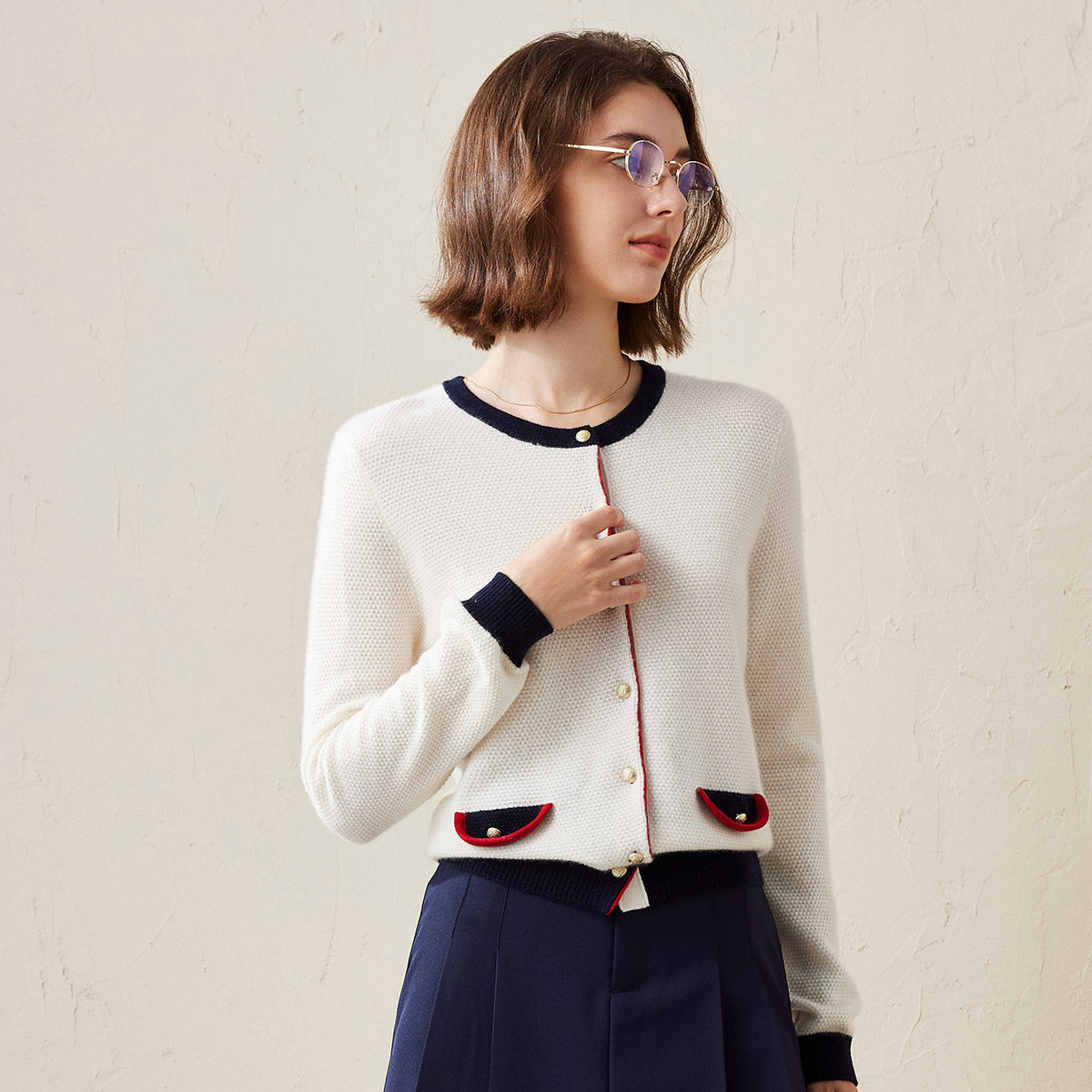 100% Cashmere Classic Contrast Trim Cardigan