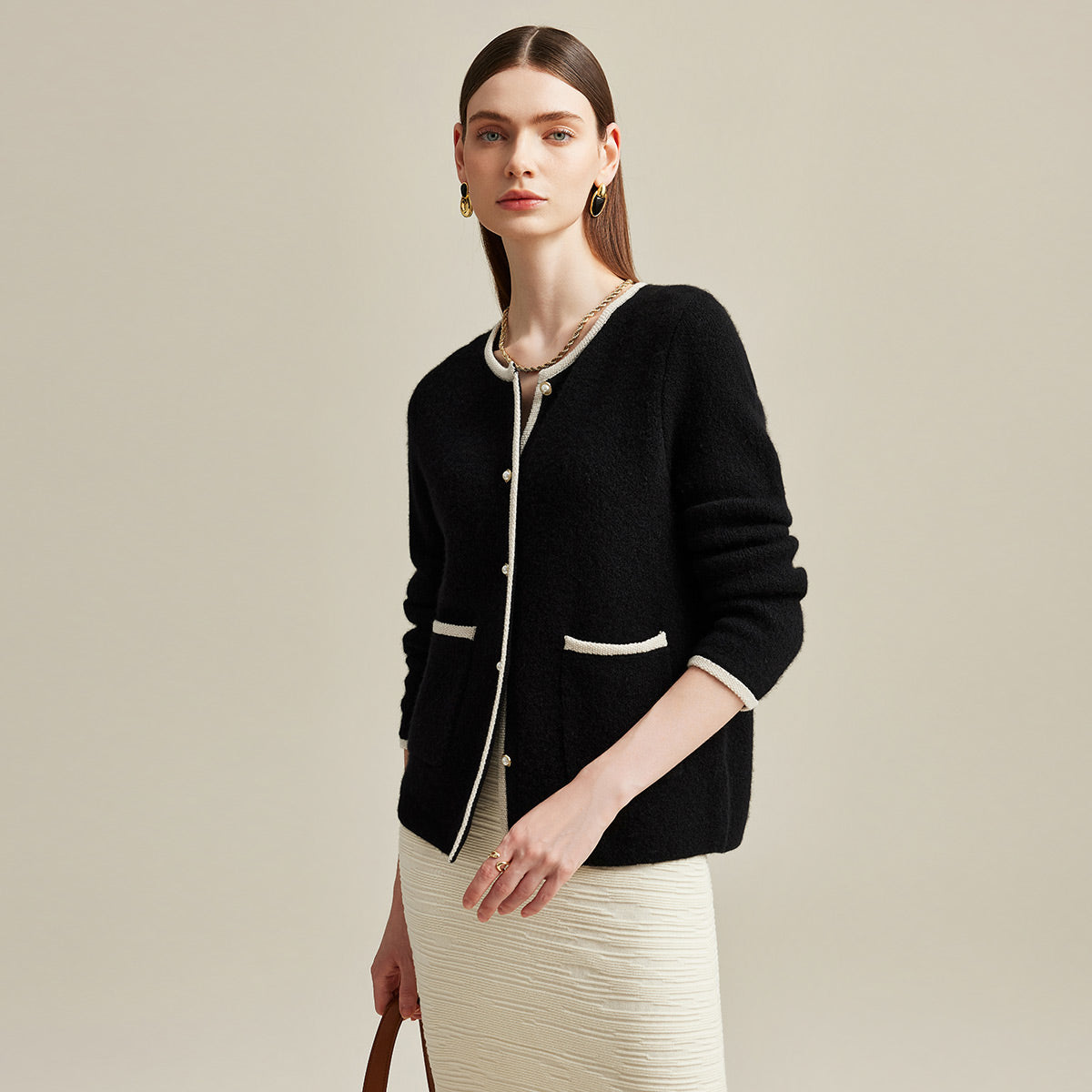 100% Cashmere Two-Tone Buttoned Cardigan