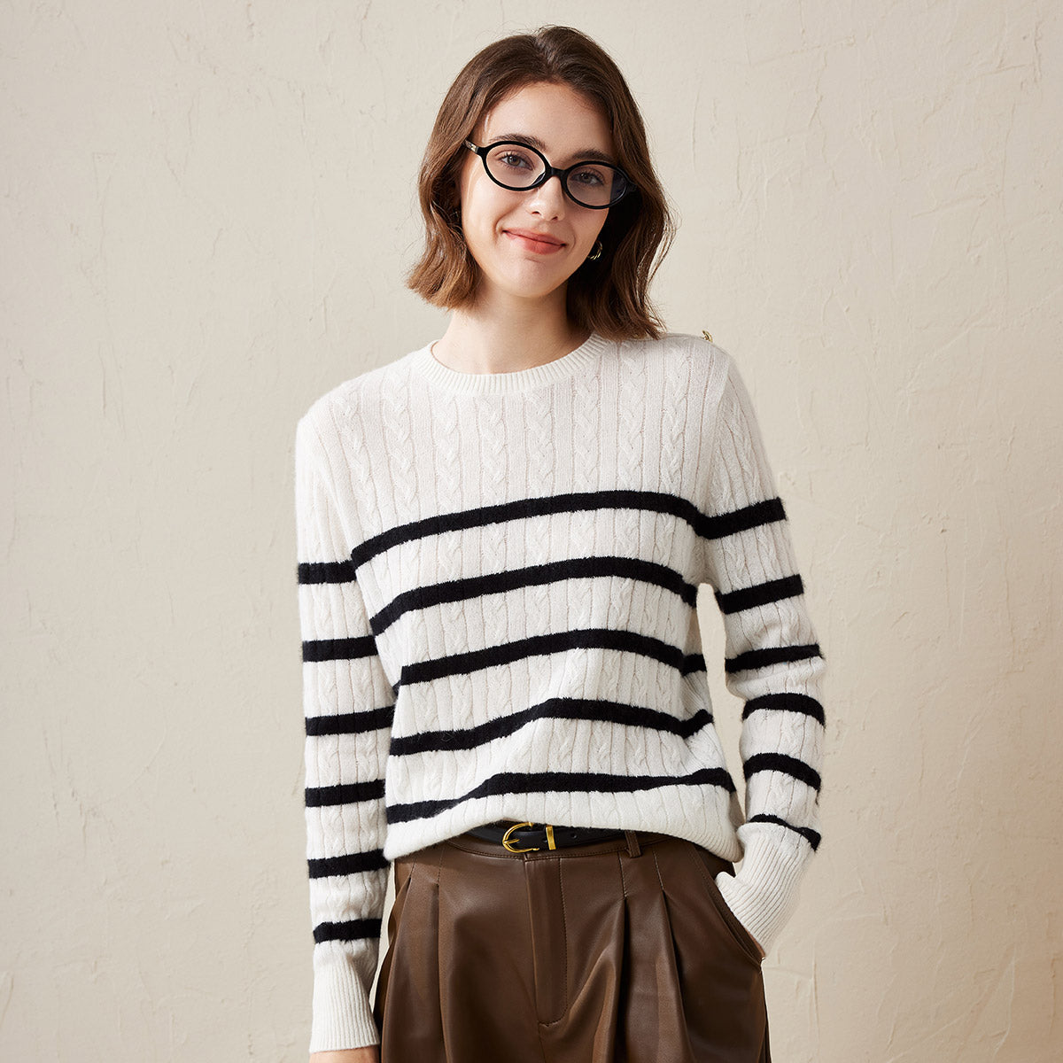 100% Cashmere Cable Knit Striped Sweater with Button Details