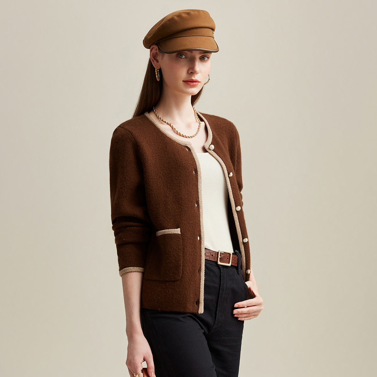 100% Cashmere Two-Tone Buttoned Cardigan