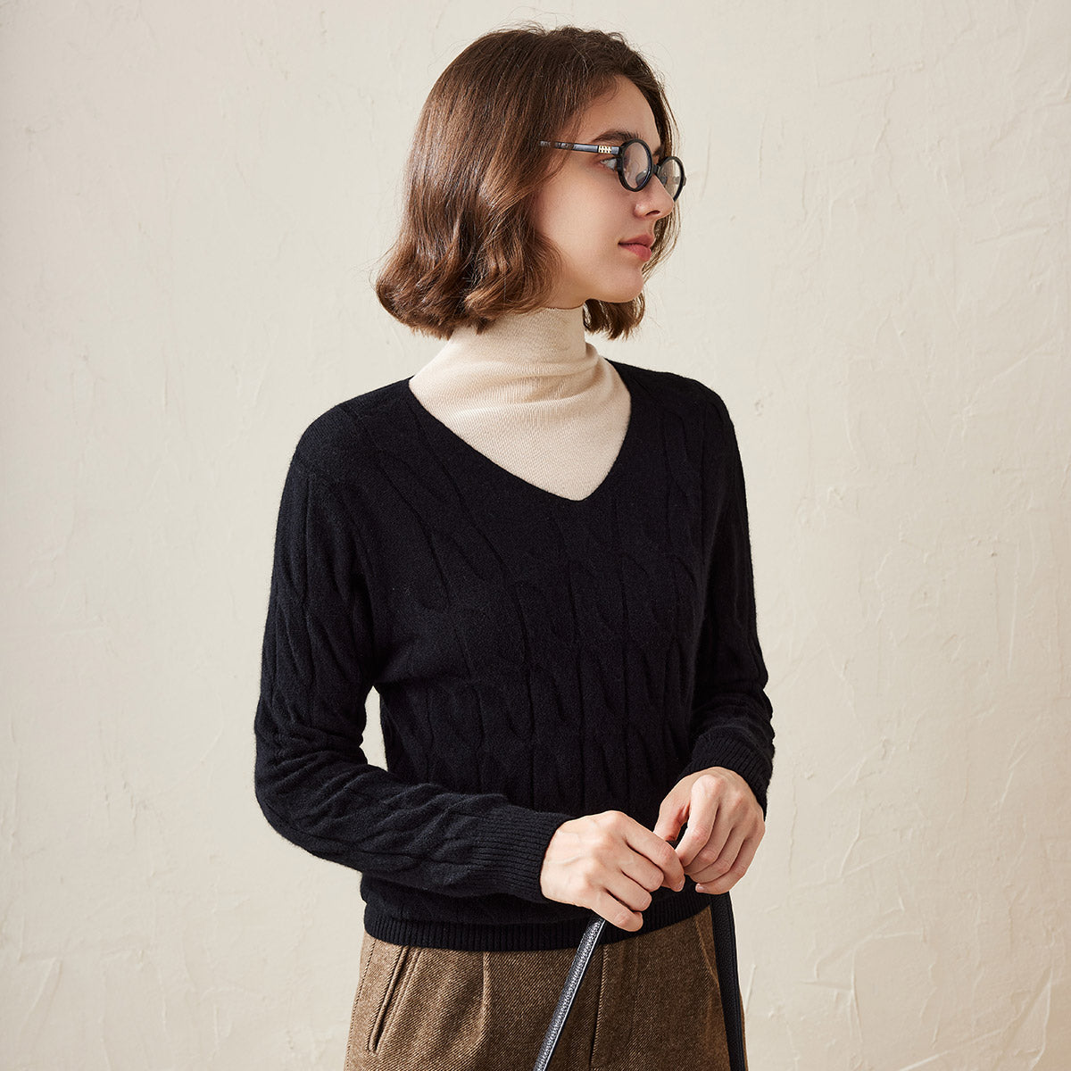 100% Cashmere Cable Knit V-Neck Sweater