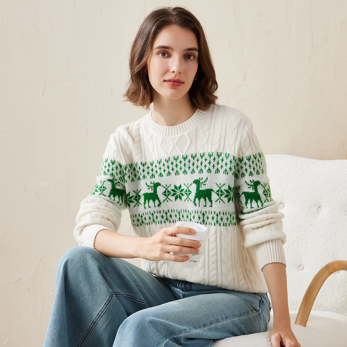 100% Cashmere Cozy Reindeer Fair Isle Knit Sweater