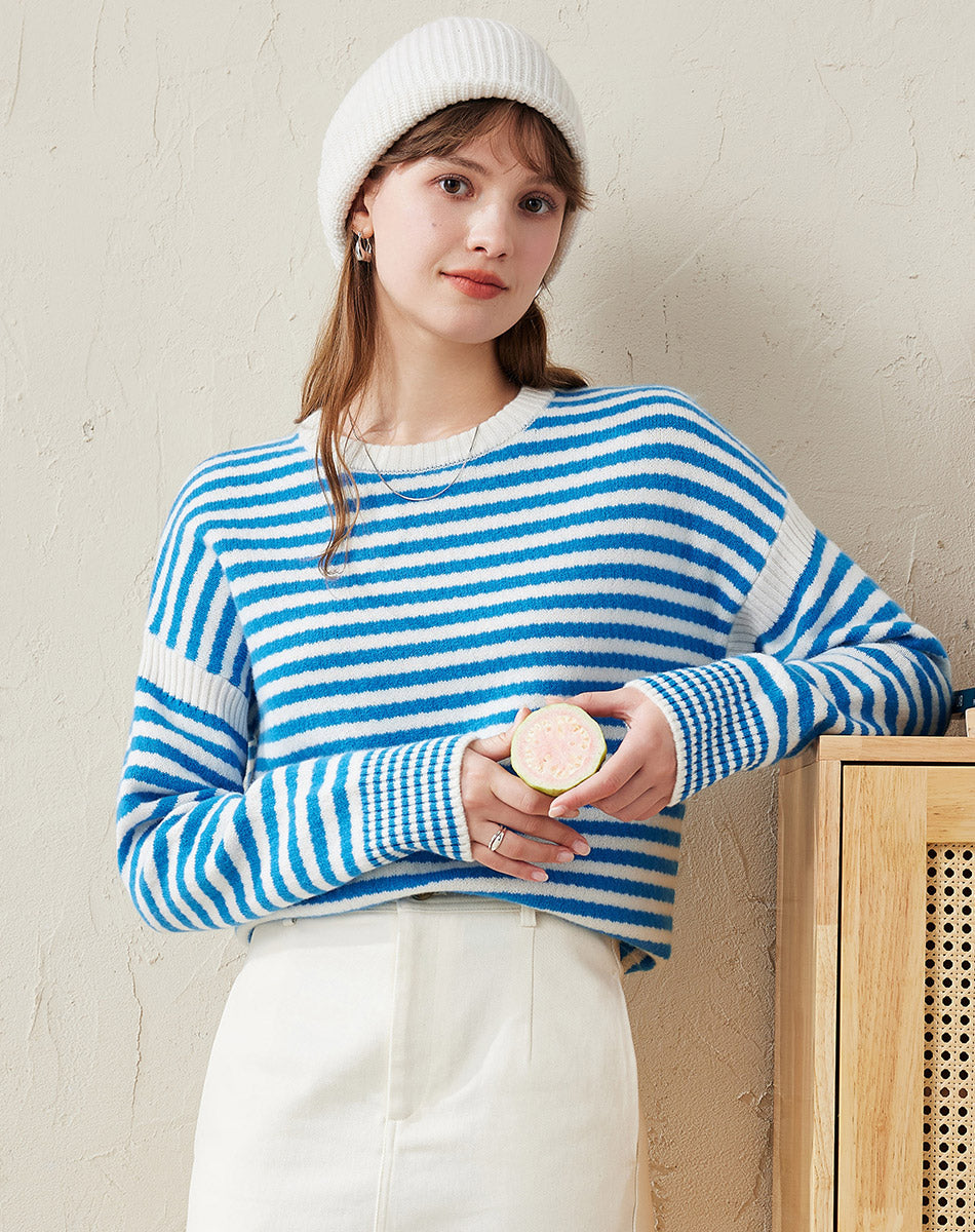 100% Wool Striped Knitted Pullover Sweater