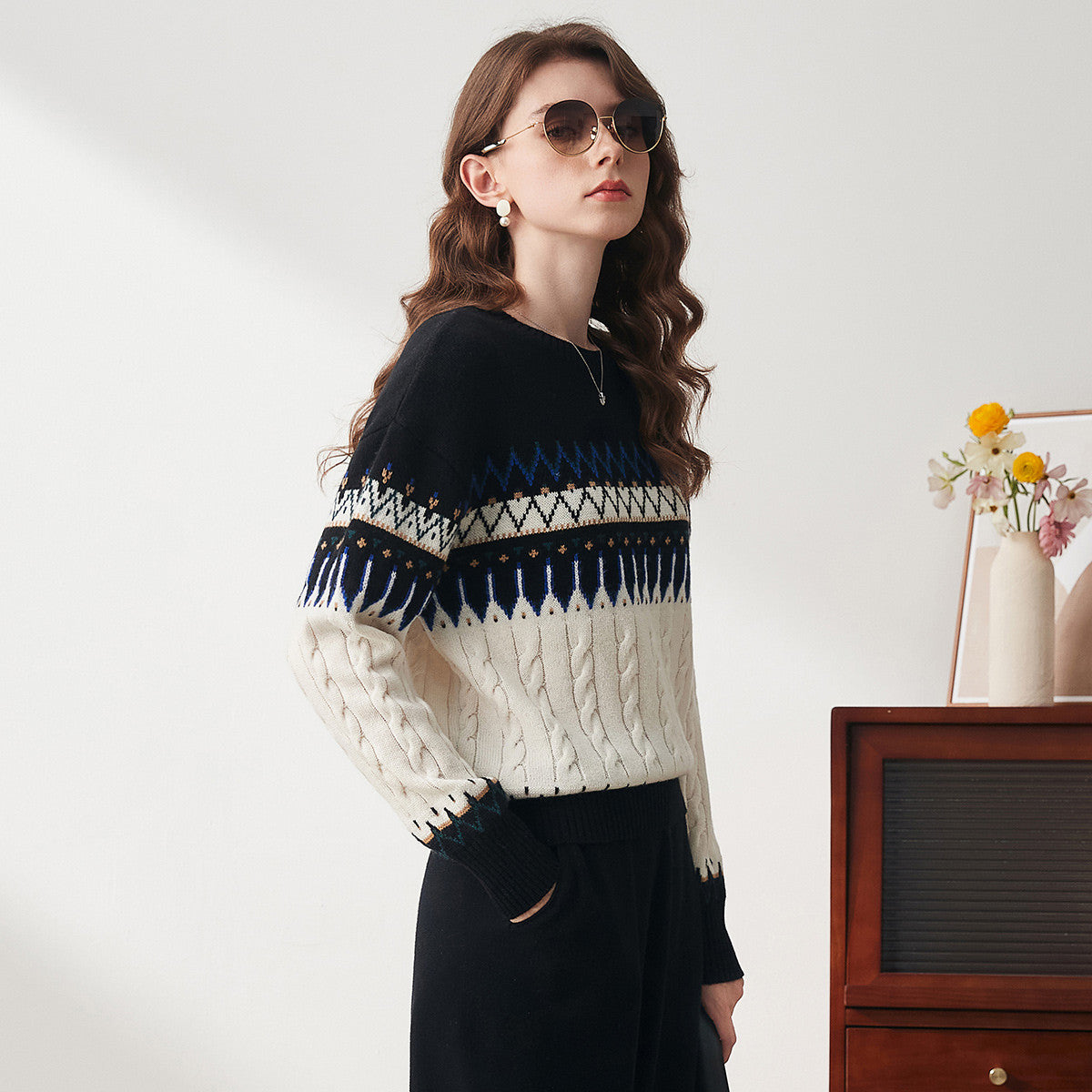 100% Wool Nordic Pattern Cable Knit Sweater