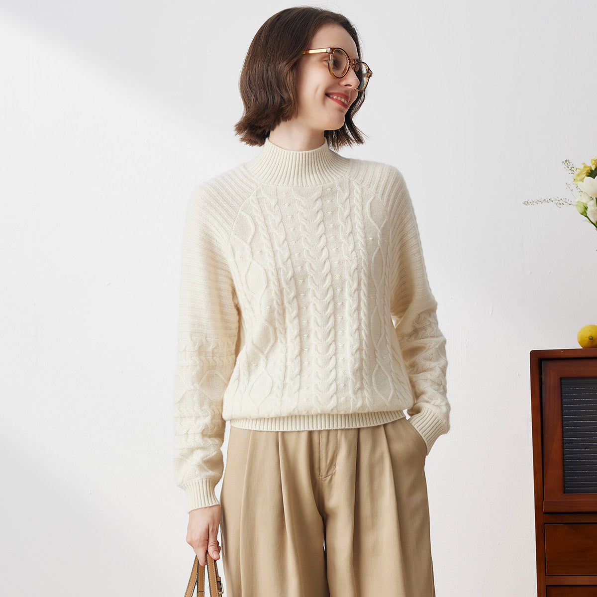 100% Cashmere Cable Knit Turtleneck Sweater