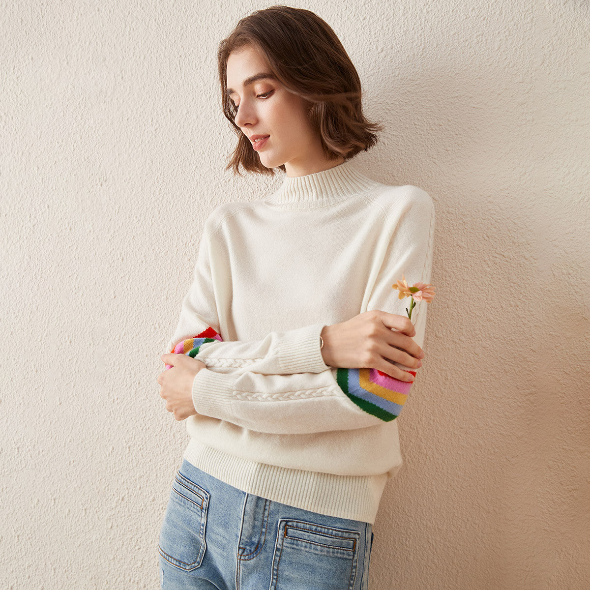 100% Cashmere Sweater with Multicolored Striped Sleeves