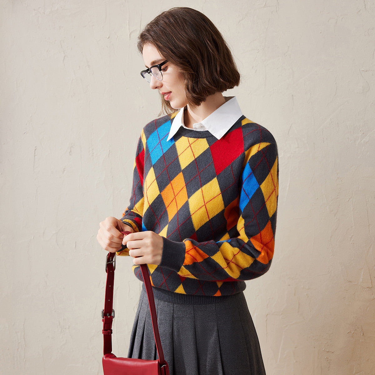 100% Cashmere Argyle Pattern Colorful Knitted Sweater