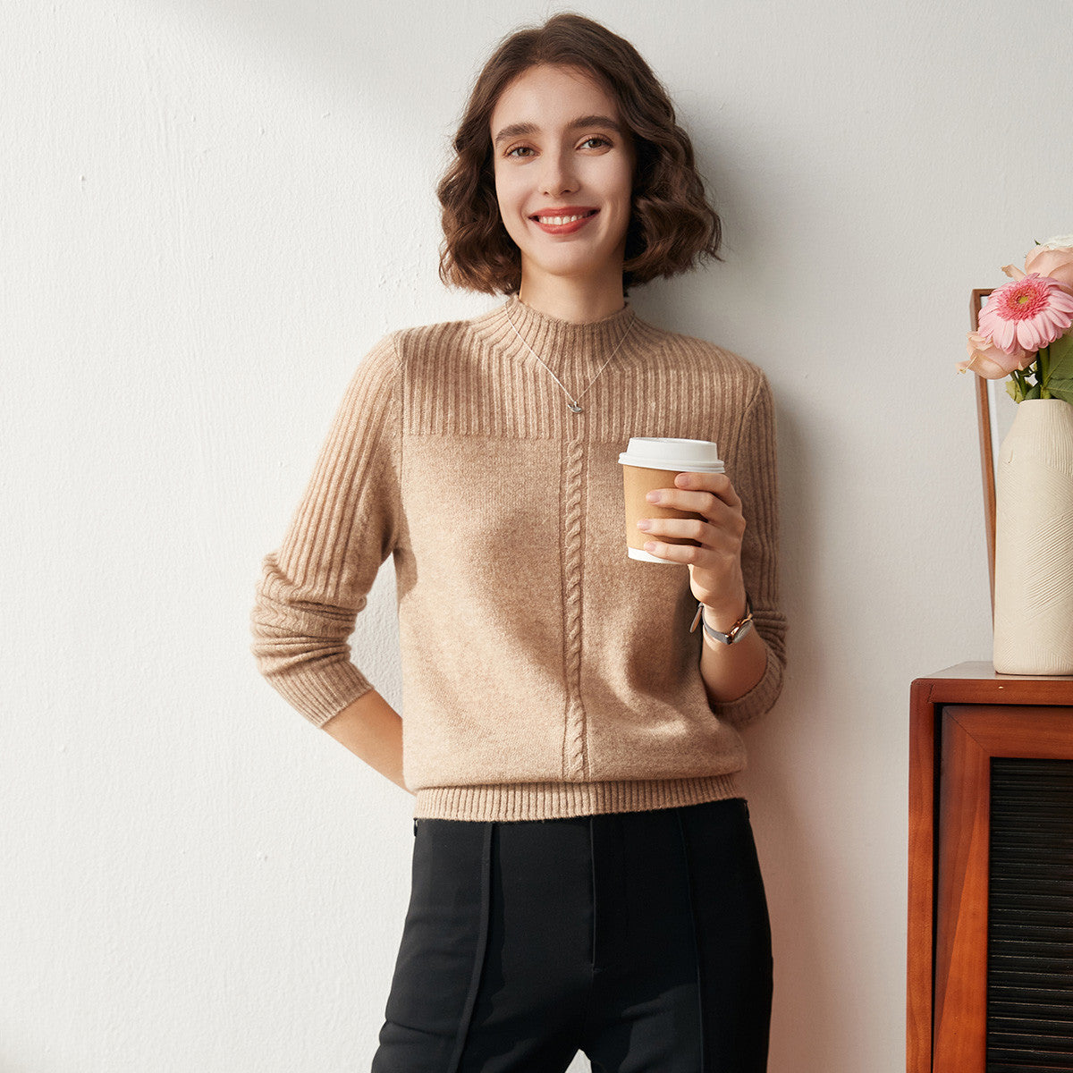 100% Cashmere Mock Neck Cable Knitted Sweater