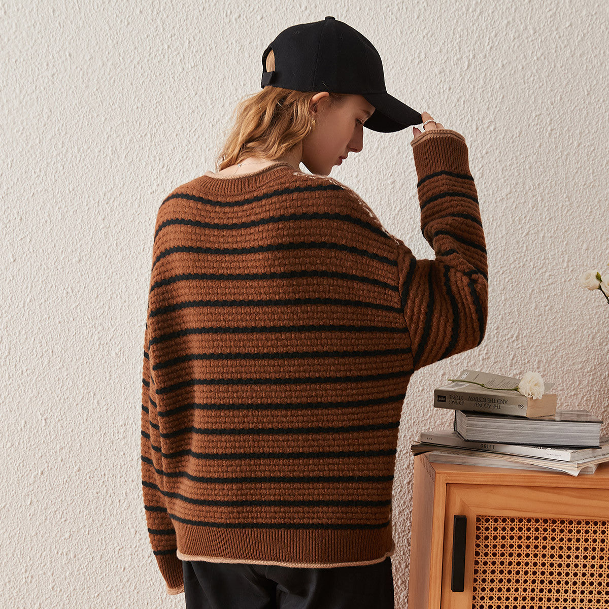 100% Cashmere Patchwork Knit Sweater with Striped Sleeves