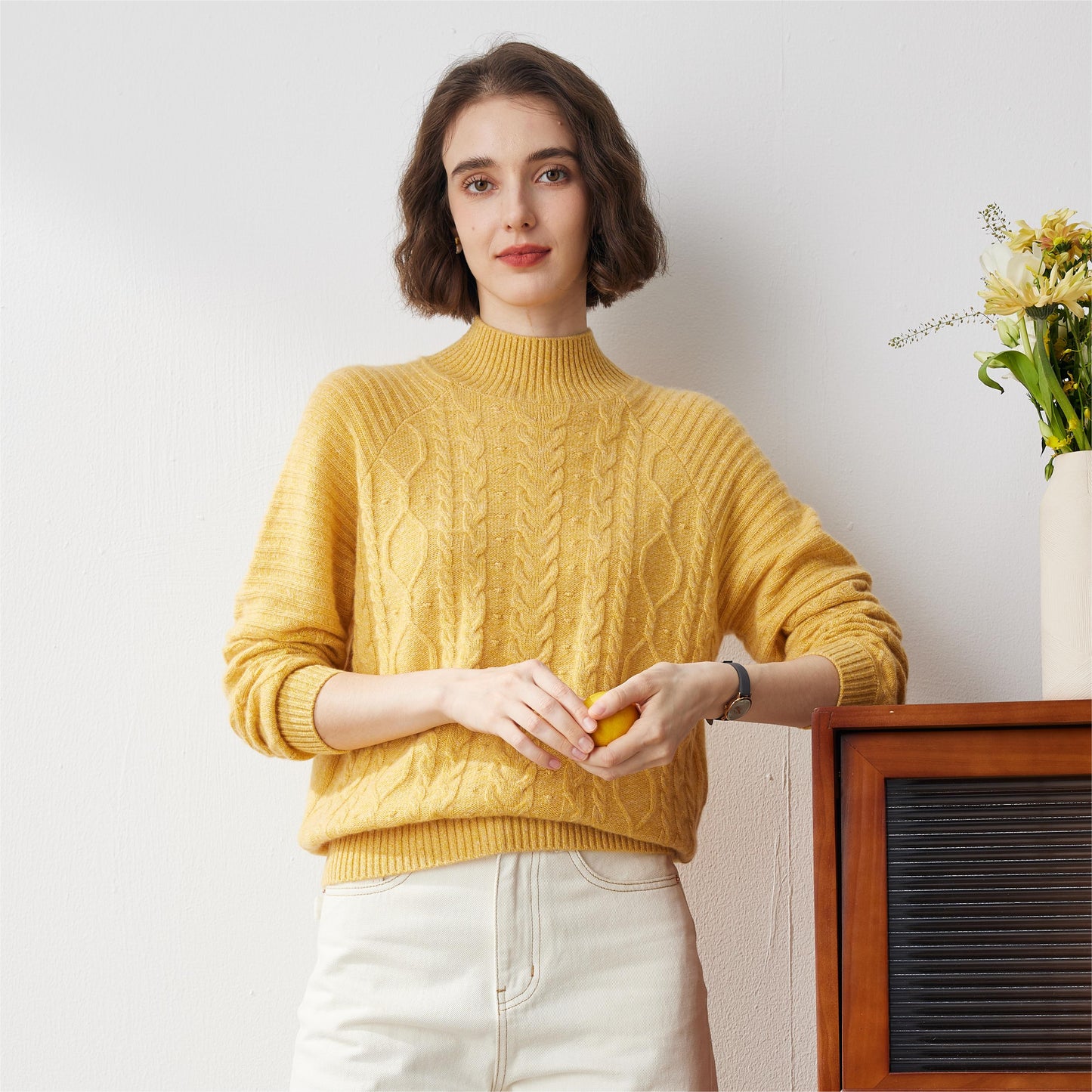 100% Cashmere Cable Knit Turtleneck Sweater