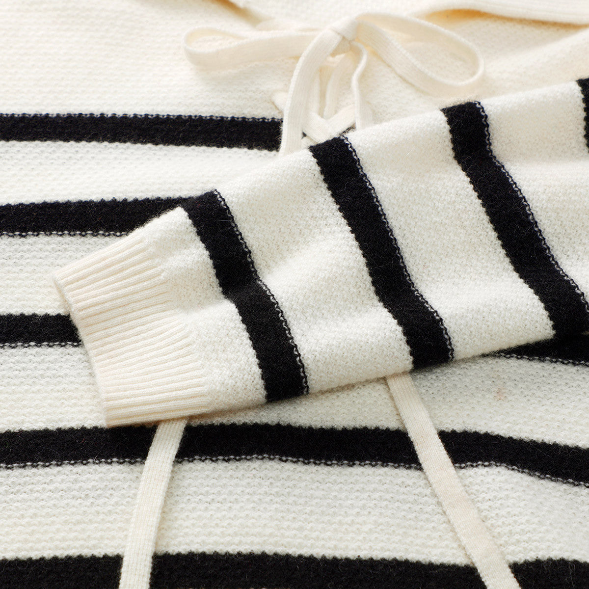 100% Cashmere Striped Lace-up Collar Sweater