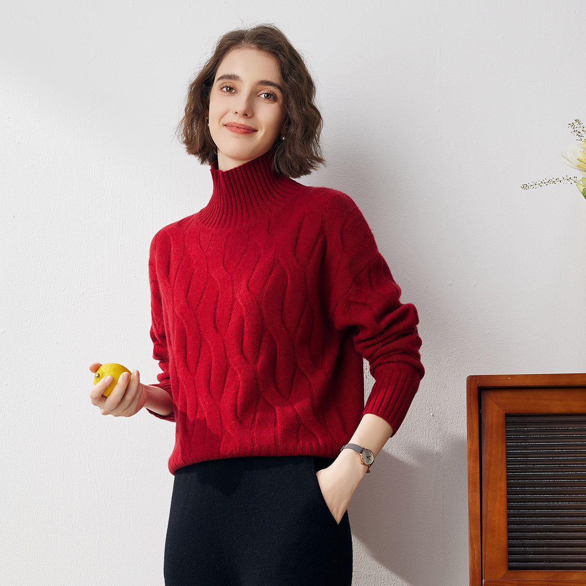 100% Cashmere  Turtleneck Cable Knit Sweater