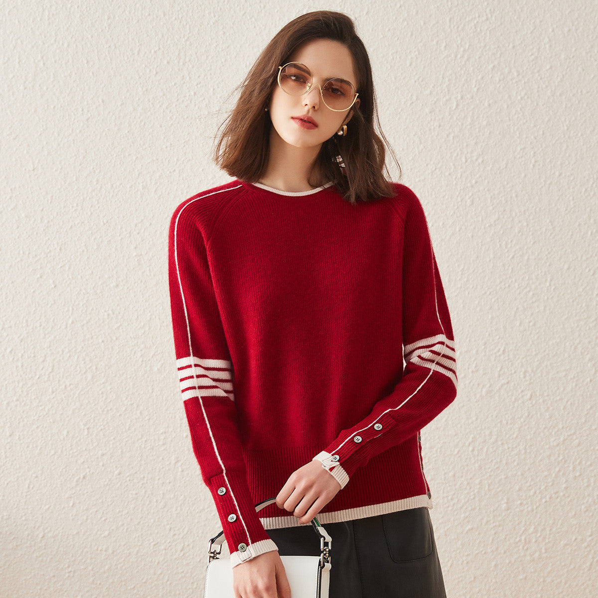 100% Cashmere Striped Sleeve Round Neck Sweater