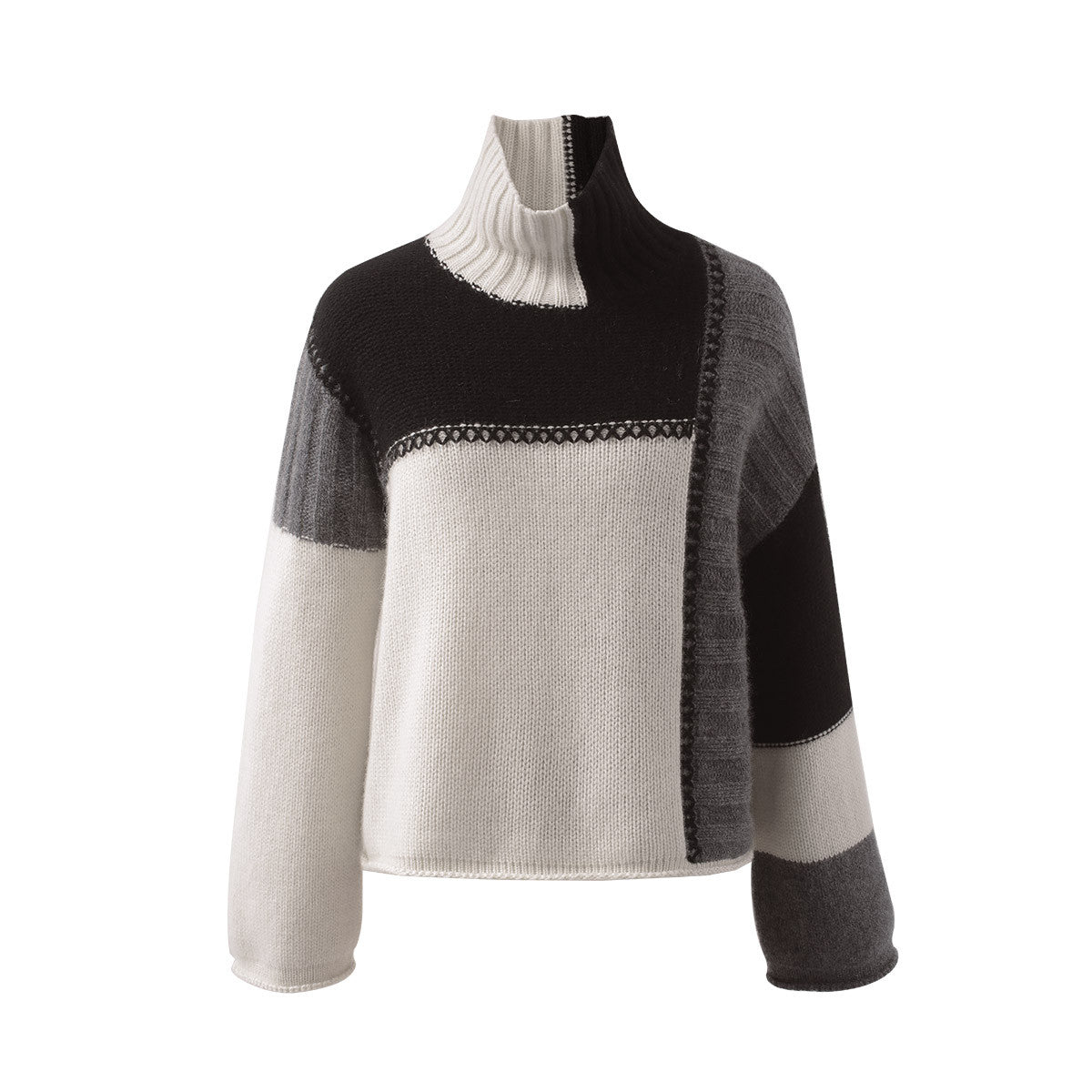 100% Cashmere Color Block Turtleneck Knit Sweater