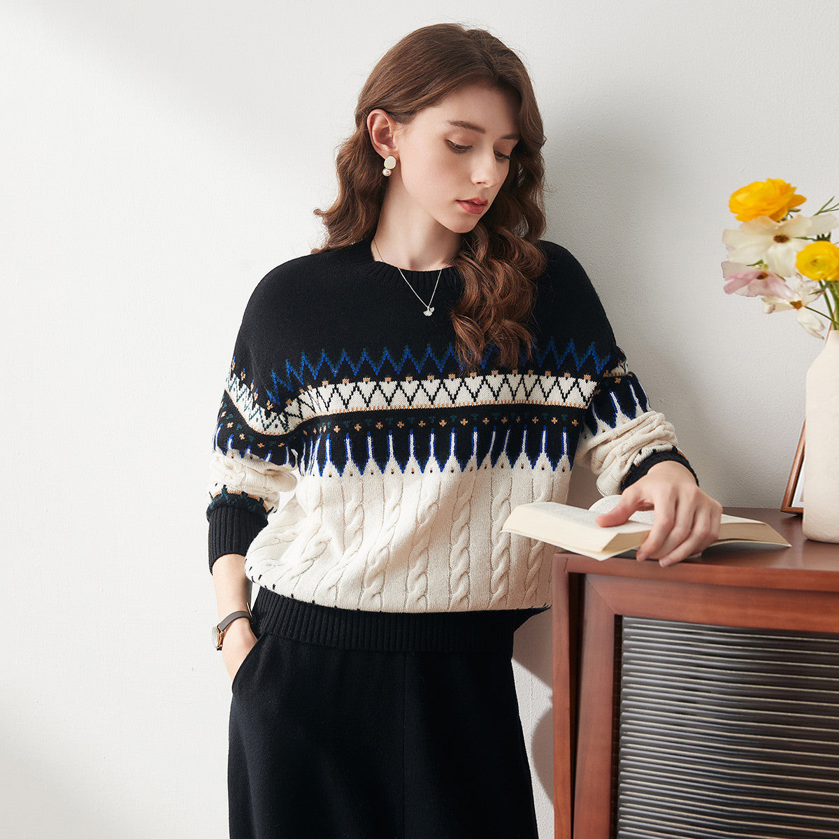 100% Wool Nordic Pattern Cable Knit Sweater