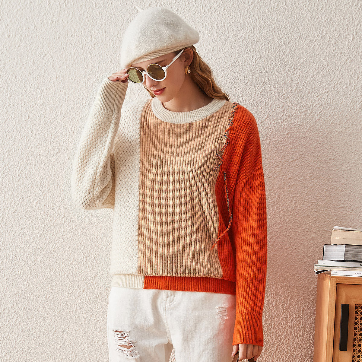 100% Cashmere Color Block Oversized Knit Sweater