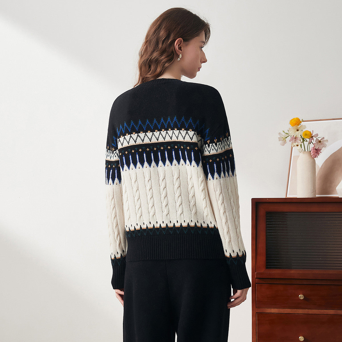 100% Wool Nordic Pattern Cable Knit Sweater