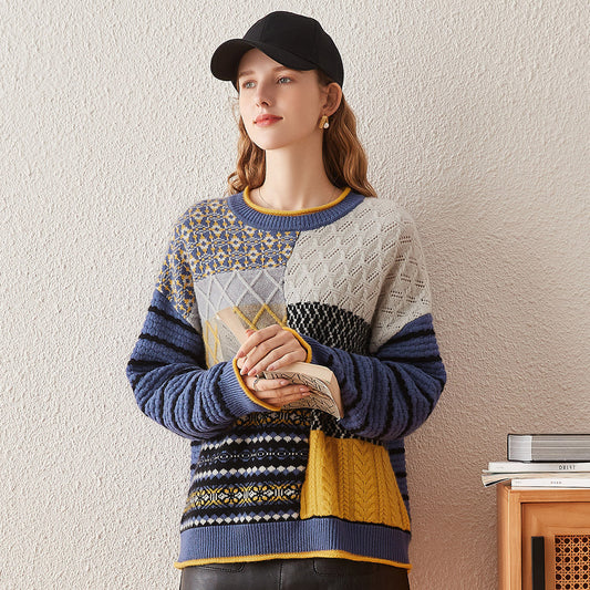 100% Cashmere Patchwork Knit Sweater with Striped Sleeves