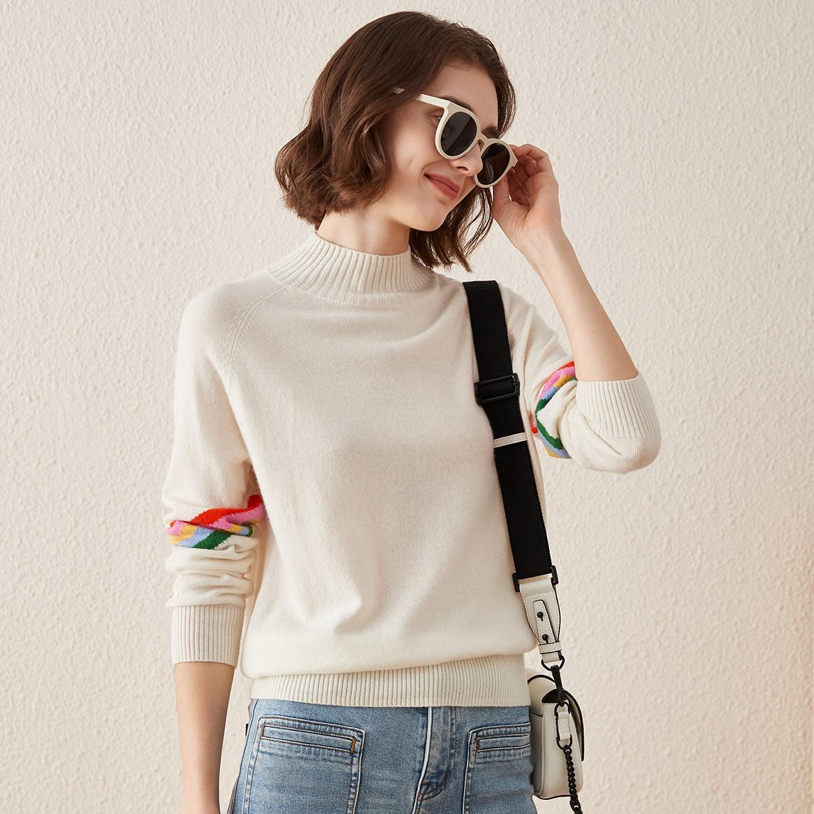 100% Cashmere Sweater with Multicolored Striped Sleeves