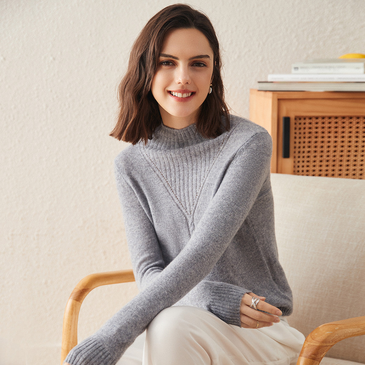 100% Cashmere Mock Neck Cable Knit Sweater