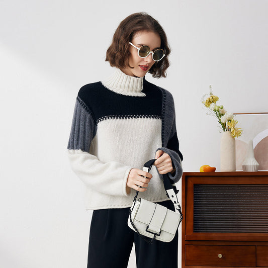 100% Cashmere Color Block Turtleneck Knit Sweater