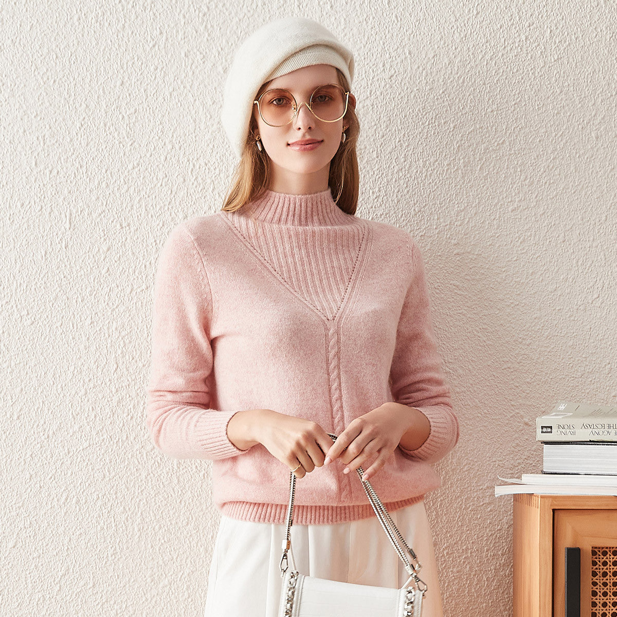 100% Cashmere Mock Neck Cable Knit Sweater