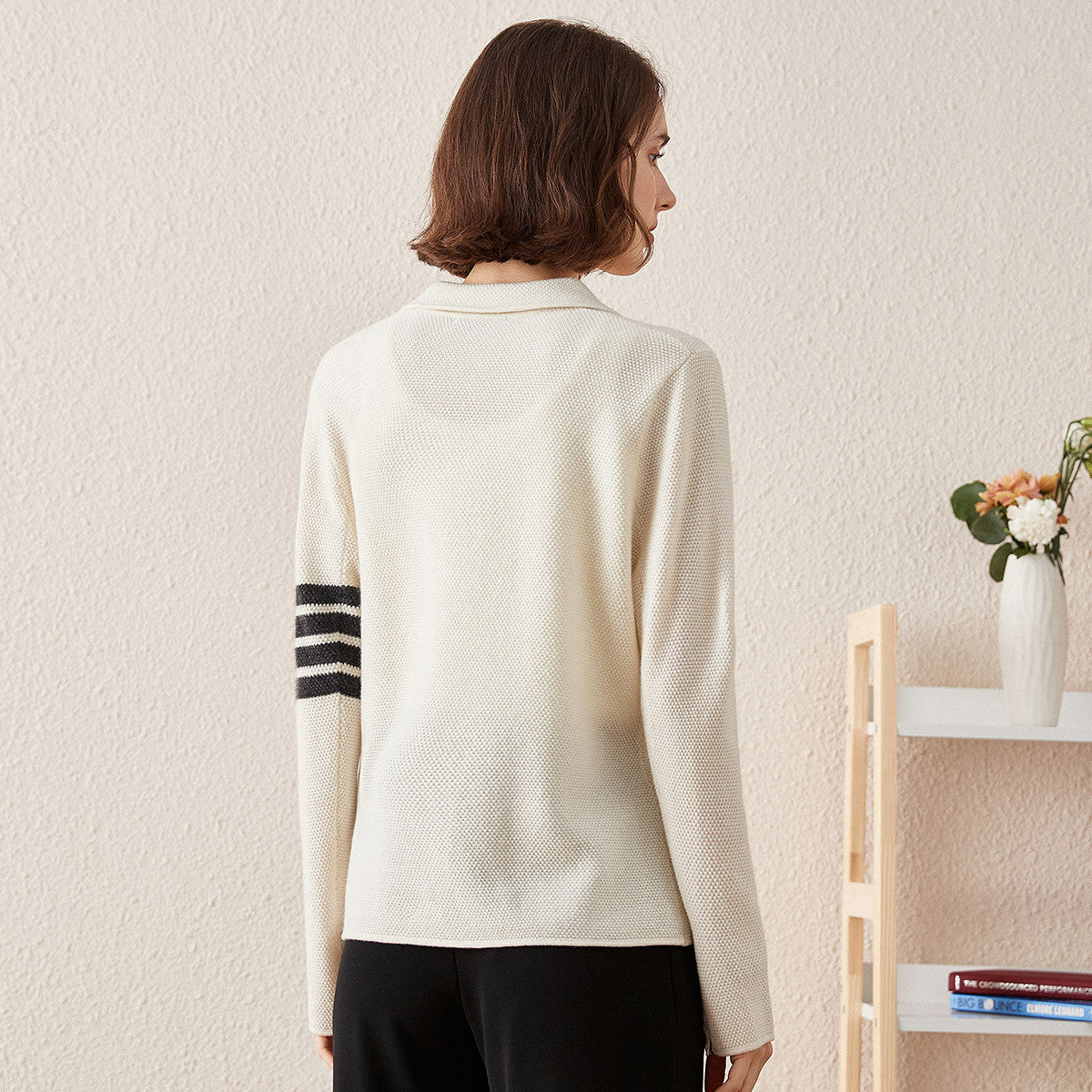 100% Cashmere Knitted Cardigan with Pockets and Striped Sleeve Detail