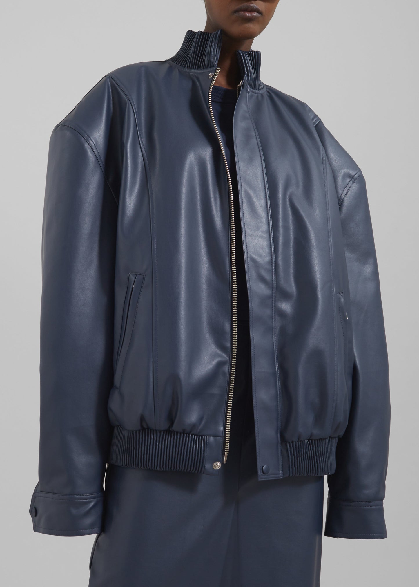 Arley Oversized Faux Leather Bomber - Navy