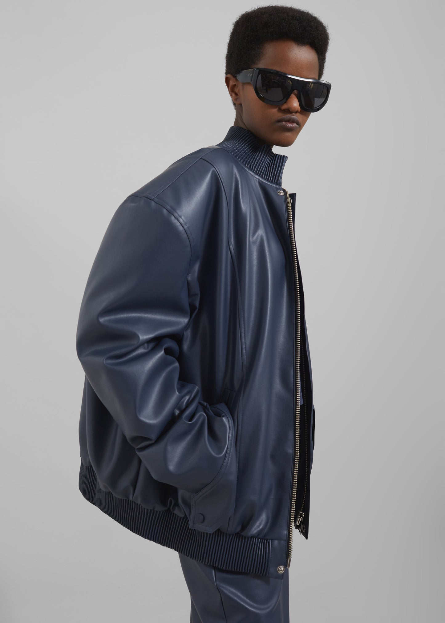 Arley Oversized Faux Leather Bomber - Navy