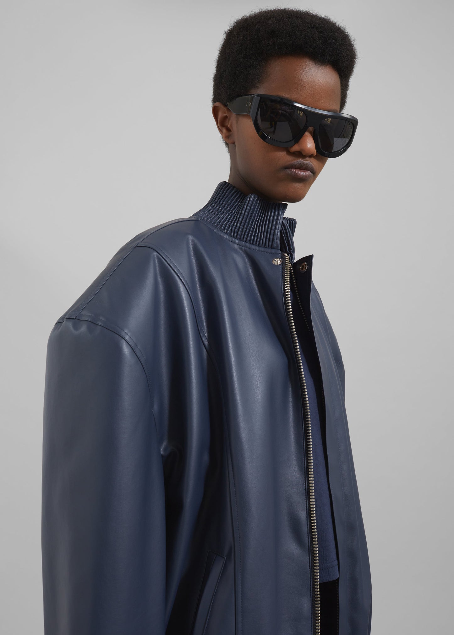 Arley Oversized Faux Leather Bomber - Navy