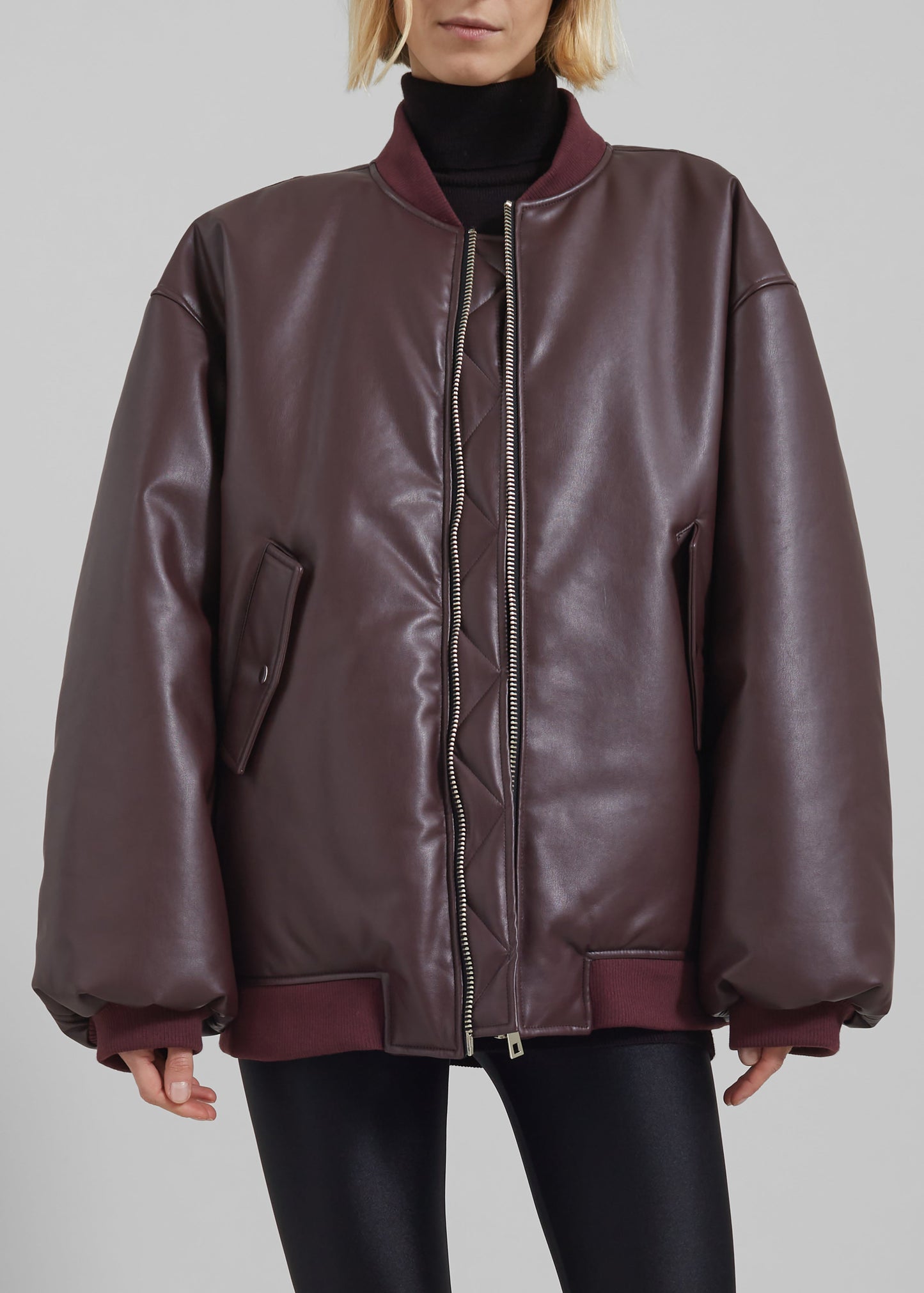 Astra Faux Leather Bomber Jacket - Burgundy