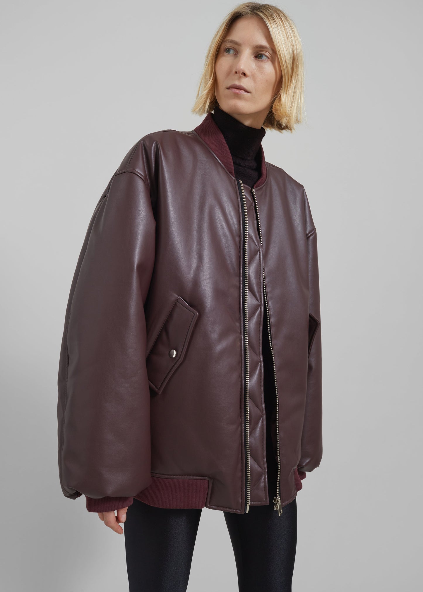 Astra Faux Leather Bomber Jacket - Burgundy