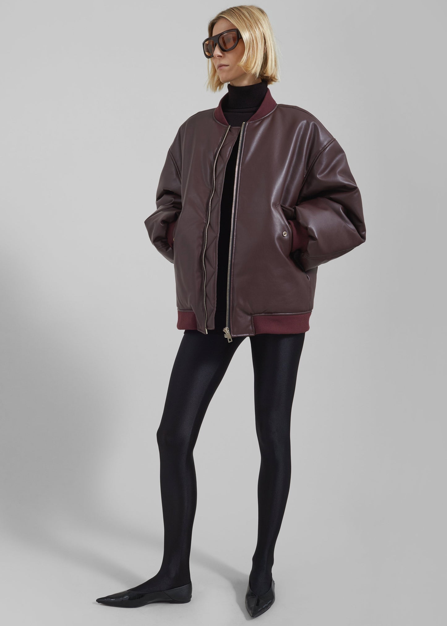 Astra Faux Leather Bomber Jacket - Burgundy