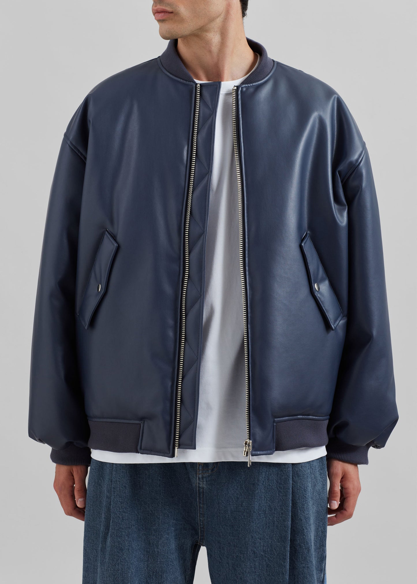 Astra Faux Leather Bomber Jacket - Navy